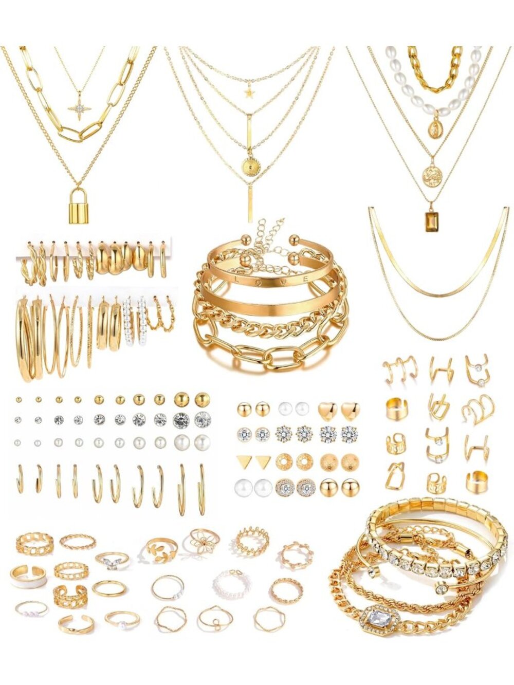 124 Pcs Gold Plated Jewelry Set for Women - Layered Necklaces, Bracelets, Rings